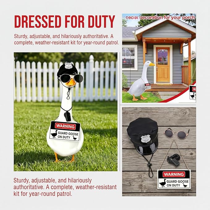 4 Pcs Guard Goose Porch Goose Outfits, Funny Police Costume with Cap, Sunglasses, Whistle and Warning Sign for 17/23 Inch Lawn Goose Statue, Yard Patio Garden Decor Accessories