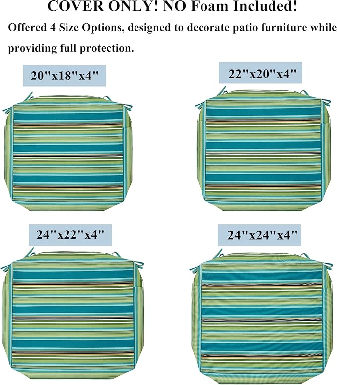 FUNHOME 2 Pack Outdoor Cushion Slipcovers 24" x 24" x 4", No Insert! Water-Resistant Patio Chair Seat Cushion Covers with Zipper and Tie, Replacement Cover Only(Green Stripe)