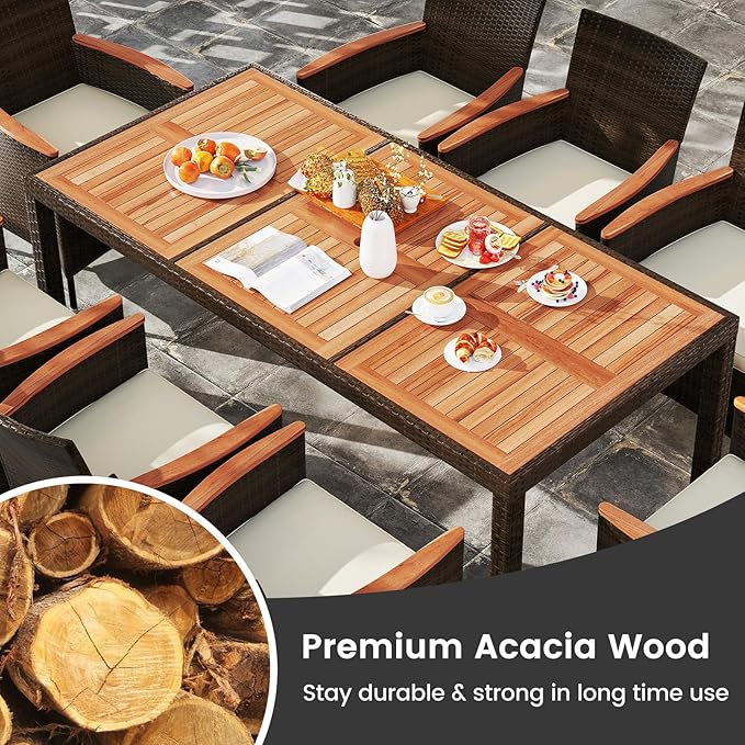 S AFSTAR Patio Dining Set for 8 with Umbrella Hole, 75” x 36” Acacia Wooden Table & PE Rattan Chairs for Deck, Backyard