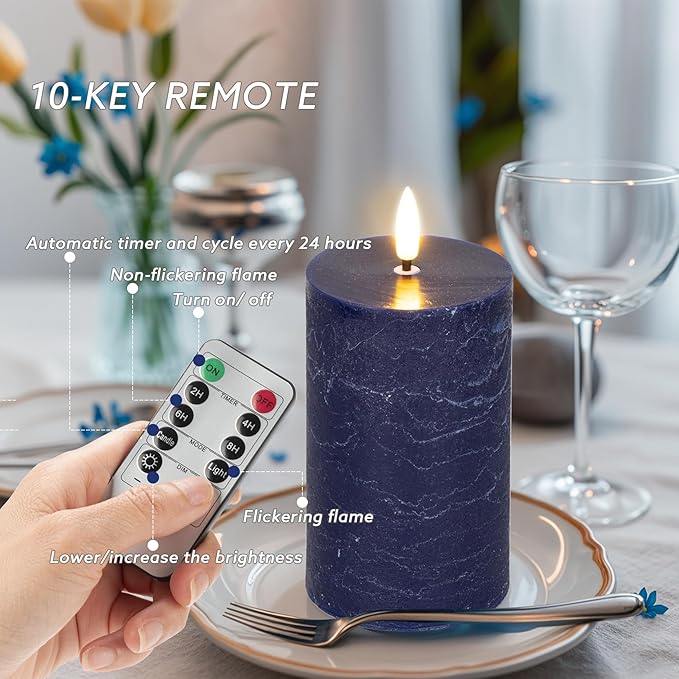 Navy Blue Flameless Candles, Real Wax Battery Operated Candles with Remote, Flat Top Flickering LED Pillar Candles for Home Party Wedding Holiday Decor, Set of 3 (H 4" 5" 6" x D3)