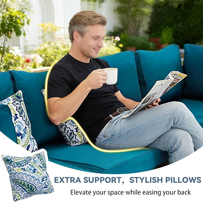 7 Pieces Outdoor Sectional Furniture Set, Wicker Patio Furniture Set with Table, Patio Conversation Sets with Washable Cushions for Garden (Peacock Blue, 106x55x26'')