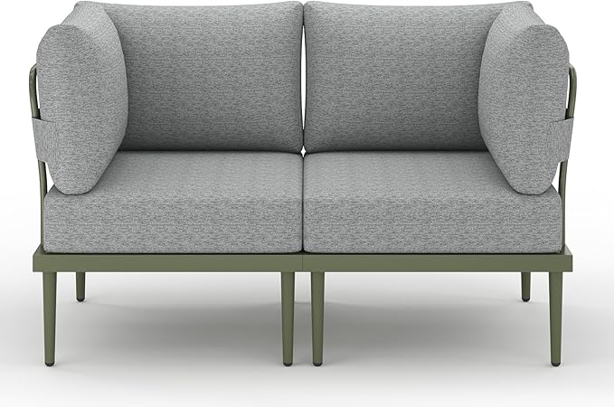 Metal Patio Furniture Set, 2 Pieces Outdoor Sectional Sofa Sets, 6" Thick Cushion Modular Outdoor Loveseat for Balcony, Patio & Courtyard (Gray/Green)