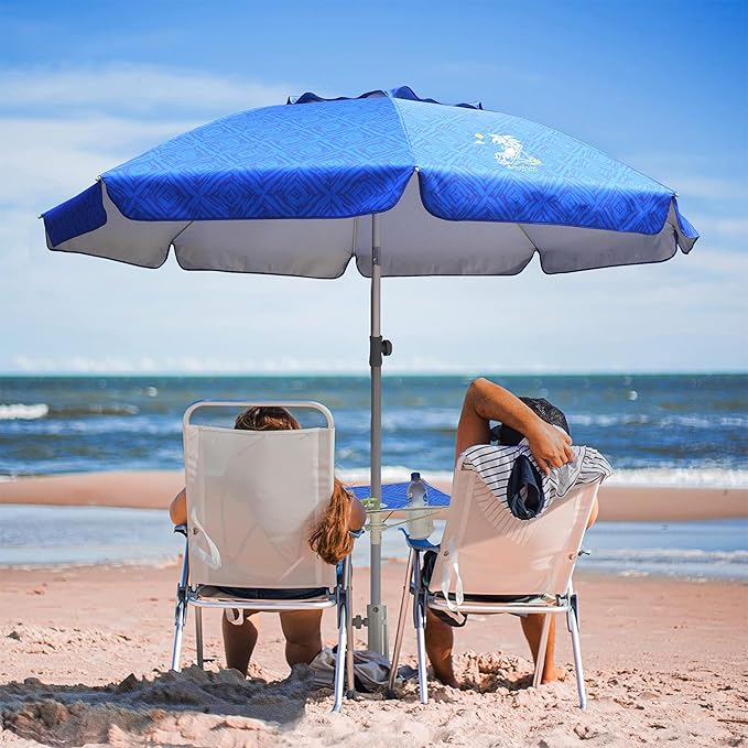 AMMSUN Beach Umbrella With Sand Anchor & Table Tray, 6.5ft Portable Heavy Duty Sun Outdoor Umbrella, UV 50+ Protection, Carry Bag for Patio, Pool and Garden, Blue