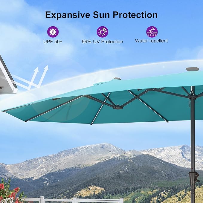 PURPLE LEAF 14ft Patio Umbrella with Solar Lights Outdoor Double-Sided Market Umbrella with Base Included Rectangle Table Umbrella for Pool Garden Backyard, Turquoise