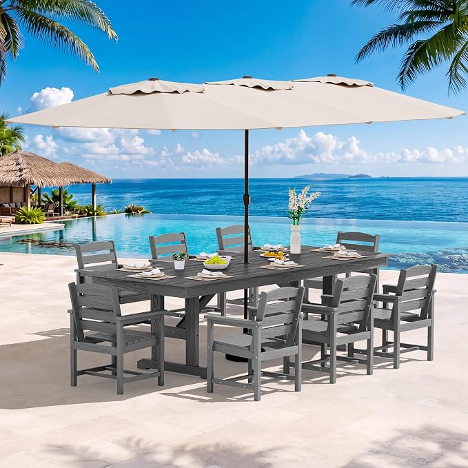 SERWALL 10 Piece Outdoor Dining Set with 15ft Triple-Head Foldable Umbrella(Based not Included), 84" HDPE Outdoor Table and Chairs for 8, Gray