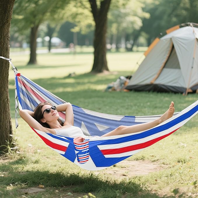 4th of July Independence Day Red and Blue Stars 330lb Capacity Outdoor Hammocks with Tree Straps Portable Hammock for Outside Camping Essentials para ir de Camping