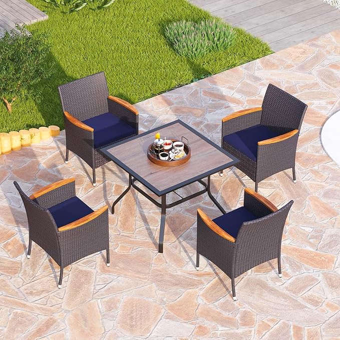 PHI VILLA 5 Pieces Outdoor Dining Set for 4, Ploywood Square Metal Dining Table & Rattan Wicker Chairs with Cushions, Modern Furniture Dining Set for Patio, Deck, Porch, Backyard