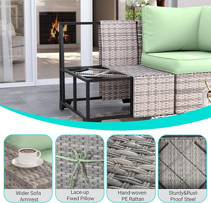 8-Piece Outdoor Patio Furniture Set Wicker Sectional Sofa Set with Ottomans, Patio Conversation Set with Thickened Cushions & Coffee Table for Garden, Backyard, Poolside, Light Green