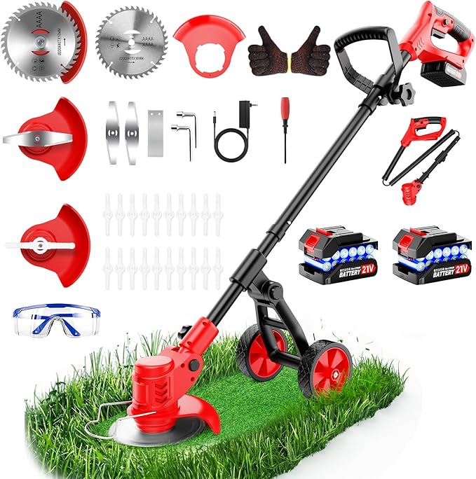 Electric Weed Wacker Cordless, 4000mAh Weed Eater Battery Powered with Wheel, 4 in 1 Grass Trimmer/Heavy Duty Brush Cutter/Lawn Edger/Weed Trimmer, No String Trimmer with Blade, 2 Battery Garden Tool