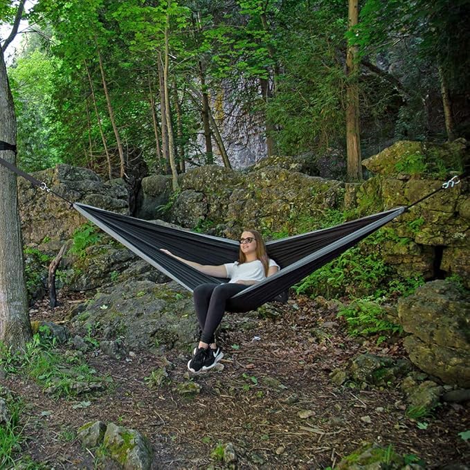 Vivere Double Parachute Camping Hammock, Includes Stuff-Sack (Black/Grey)