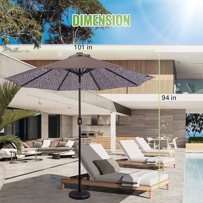 Backyard Expressions 9FT Solar Patio Umbrella with 32 LED Lights, UPF50+ UV Protection, Fade-Resistant Fabric, Easy Tilt & Crank, Outdoor Umbrella for Patio, Deck & Pool (Base Not Included)