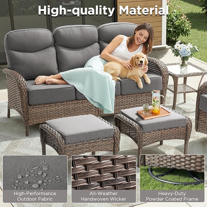 Luxury Outdoor Patio Furniture Set with 6-Inch Thick Cushions, 9 Pieces Wicker Outdoor Furniture with High Back Swivel Patio Chairs Set of 4, Outdoor Patio Conversation Set for Deck Garden, Gray