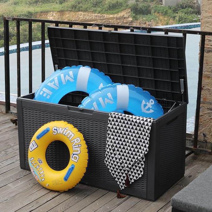 Modern-Depo 100 Gallon Deck Box Waterproof Outdoor Storage Bench | Polypropylene PP Garden Tools Pool Towel Storage Bin Porch Delivery Box, Black
