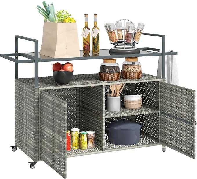Outsunny PE Rattan Outdoor Storage Cabinet, Wicker Outdoor Bar Table Kitchen Island with Wheels & 2-Tier Shelf, Patio Serving Cart with Glass Top, Handles, Towel Racks for Poolside, Mixed Gray