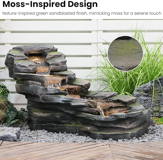 Sunlinua 49" L Water Fountain Outdoor 5-Tiers Rock Natural Waterfall Fountains Floor Standing Water Features with LED Lights for Garden, Patio, Porch, Home Art Decor