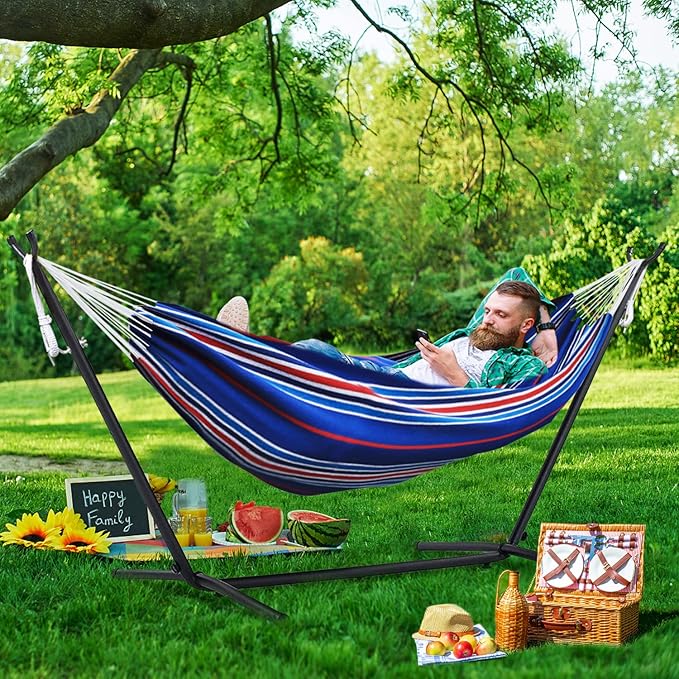 550lbs Capacity Double Hammock Adjustable Hammock Bed with 10ft Heavy Duty Steel Stand Includes Portable Carrying Case, Easy Set up Blue Pinstrip B