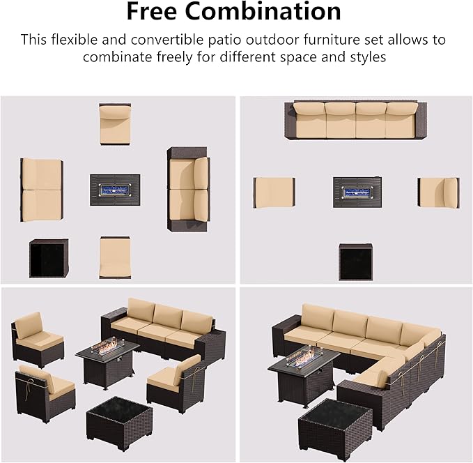 Patio Set Sofa High Back 7 Pieces Wicker Sectional Sofa with 55,000 BTU Gas Fireplace Table, Rattan Outdoor Furniture Set with Thicken Cushion and Coffee Table, Sand