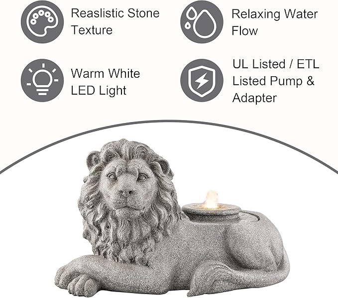 Glitzhome Outdoor Fountain with Lights & Pump, 20" L Zen-Style Lying Lion Polyresin Water Fountain Outdoor, Floor Standing Water Feature for Garden Yard Patio Porch Decor