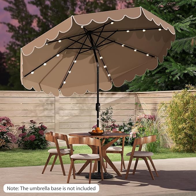 Tangkula 10FT Solar LED Patio Umbrella, 2-Tiers Scalloped Outdoor Table Market Umbrella with 24 LED Lights, Vented Top, Tilt Adjustment, Crank, 8 Ribs for Backyard Poolside Deck Beach Lawn (Coffee)