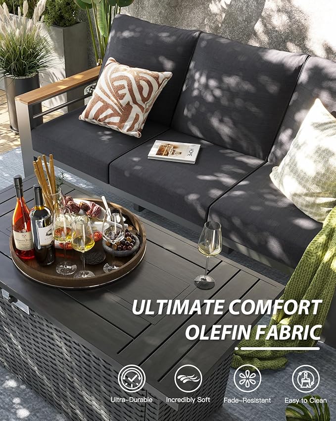 Aoxun Aluminum Outdoor Patio Furniture Set, 5-Piece Outdoor Sectional with 44'' Propane Gas Firepit Table, Patio Conversation Sets with Upgraded Armrests and Cushions for Backyard (Dark Grey,4 Seats)