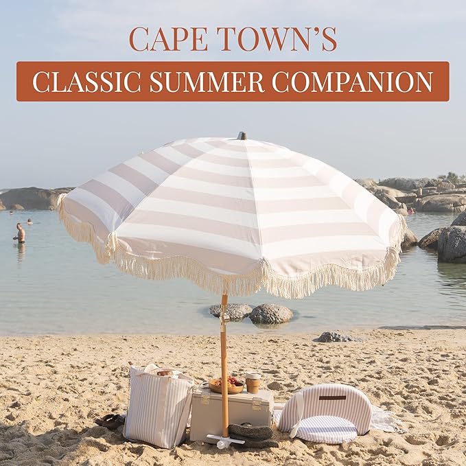 Beach Umbrella for Sand with Fringe – Luxury Boho Outdoor Umbrella for Beach, Pool, Garden, UPF 50+ Wood Shaft Metal Fittings Round with Carry Bag From