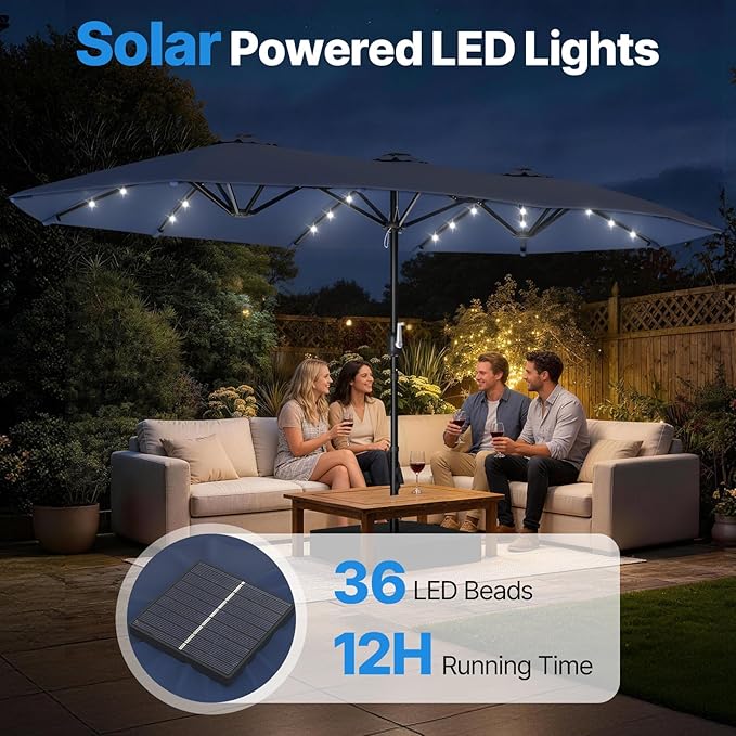 Suteck 15FT Patio Umbrella with Base & Solar Lights Included - Double-Sided Outdoor Large Umbrella with & Crank Handle, UV & Fade Resistant Canopy for Poolside, Backyard, Deck and Market, Dark Blue