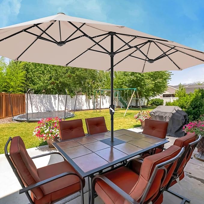 FREE SOLDIER 13ft Patio Umbrella with 36 LED Solar Lights Double Sided Outdoor Umbrella for Patio Table Umbrella with Solar lights for Garden Yard Pool (Beige)