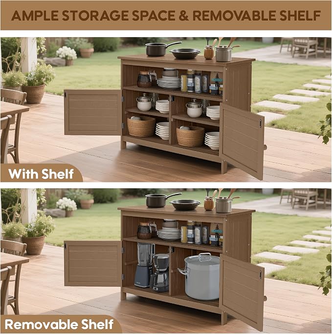 HIPS All-Weather Outdoor Storage Cabinet,Outdoor Sideboard with Magnetic Doors,3-Shelves Patio Storage Cabinet, Used for Garden,Buffet Cabinet,TV Stand, Bar Table,Balcony