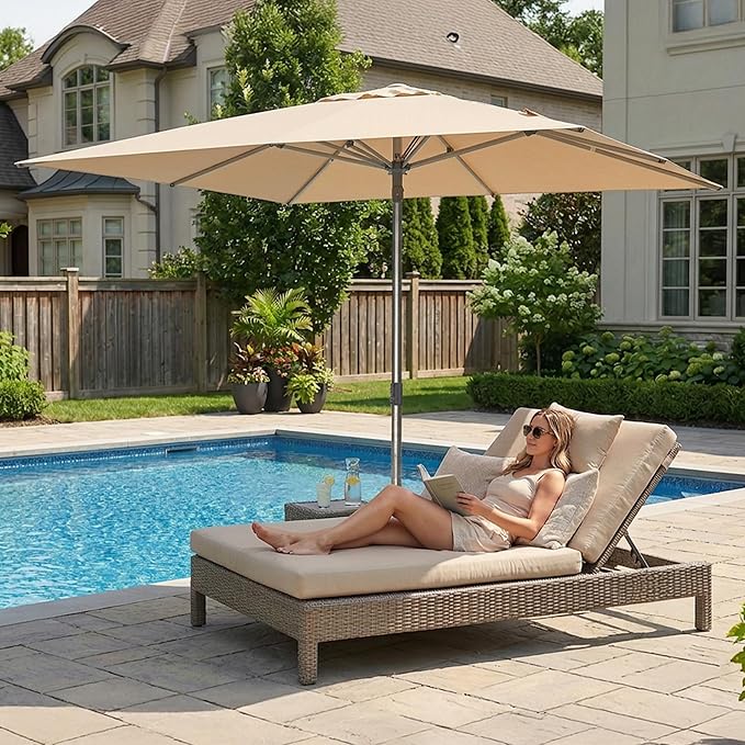 PURPLE LEAF 10 X 10 FT Commercial Square Patio Umbrella Semi Auto Heavy Duty 1.9" Aluminum Pole Wind Resistant Ribs for Restaurant Cafe Outdoor Dining Beach Bar Hotel Pool Resort Garden Deck Beige