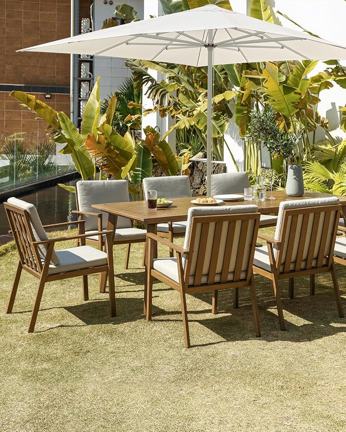 Never-Rust Outdoor Patio Dining Table for 8, 84.6"x38" Outdoor Aluminum Dining Table with 2.2" Umbrella Hole, 8 Person Patio Furniture Dining Table for Garden, Backyard, Porch, Teak