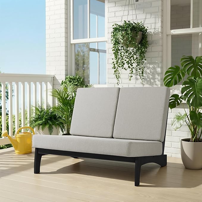 UIXE 2 Pieces All Weather Wood Patio Furniture Sets, Patio Loveseat Outdoor Sofa with Solid Wooden Coffee Table, Black Teak - Light Camel