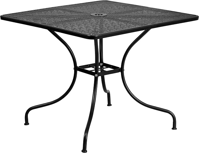 BizChair Commercial Grade 35.5" Square Black Indoor-Outdoor Steel Patio Table with Umbrella Hole