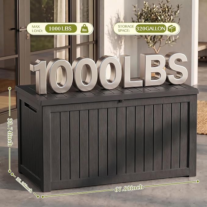 325 Gallon Outdoor Storage Box | Lockable Resin Deck Box, 880 lbs Seating & Safety Hydraulic Rod, UV-Resistant Patio Storage for Cushions, Tools & Packages