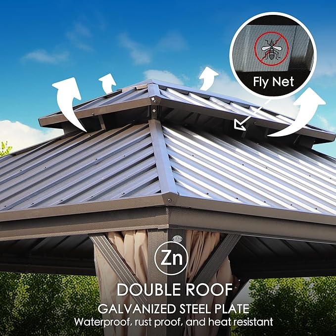 Kozyard Caesar 10'x10' Hardtop Gazebo - Permanent Metal Pavilion with Netting and Shaded Curtains for Patio, Backyard, and Deck - Galvanized Steel Outdoor Aluminum Canopy, Double Roof Gazebo (Brown)