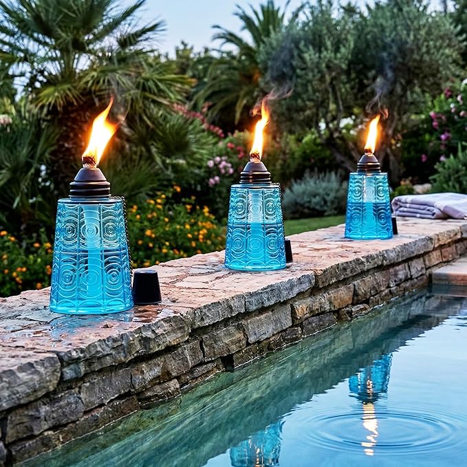 Seraphic Citronella Table Top Torches for Outdoor Patio, 16oz Decorative Glass Torch Citronella Candles for Outside Deck, Garden, Parties, Set of 3, Blue
