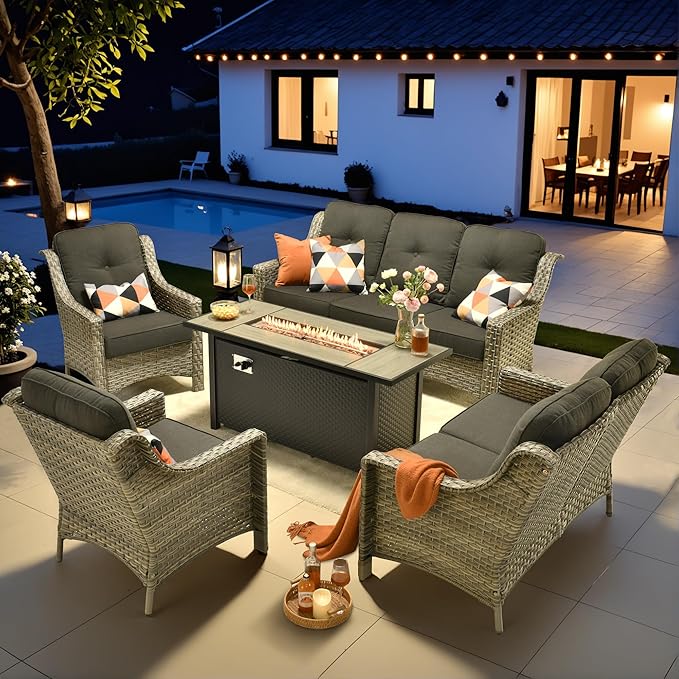 HOOOWOOO Patio Furniture Set,5 Pieces Wicker Outdoor Furniture,High Back Conversation Set with All Weather Resistant Fire Pit Table Couch Loveseat Chairs,Black