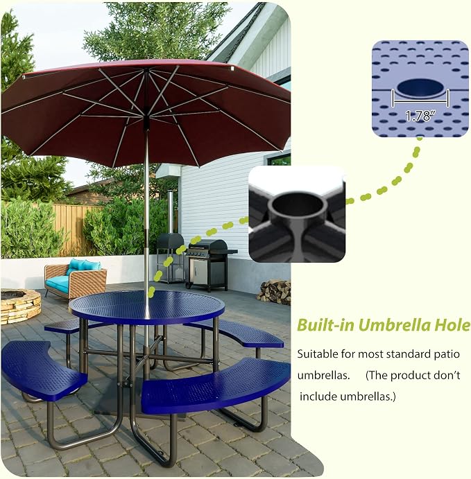 46-inch Heavy-Duty Outdoor Steel Round Picnic Table, Portable Commercial-Grade Picnic Table with Parasol Hole, Sturdy and Durable, Ideal for Garden and Patio Barbecues (Blue - Round)