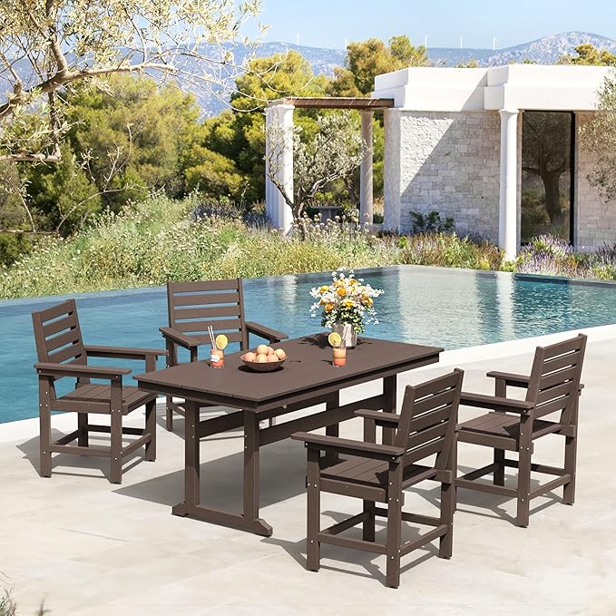 Rectangle Outdoor Dining Tables for 6, HDPE Weather Resistant Patio Dining Table, 66" Outdoor Tables with 1.96" Umbrella Hole for Porch, Balcony, Backyard, Dark Brown