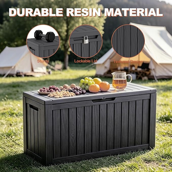 EFU Outdoor Storage Box 120 Gallon Deck Box (Indoor & Outdoor) Lockable UV Resistance Waterproof Resin Storage Bin Storage Box for Outdoor,Patio Storage With Support Rod(Black)