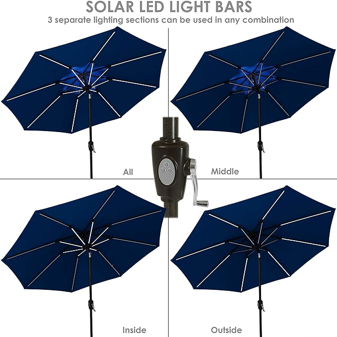 Sunnydaze 9-Foot Sunbrella Tilting Patio Umbrella with Solar LED Light Bars - Pacific Blue