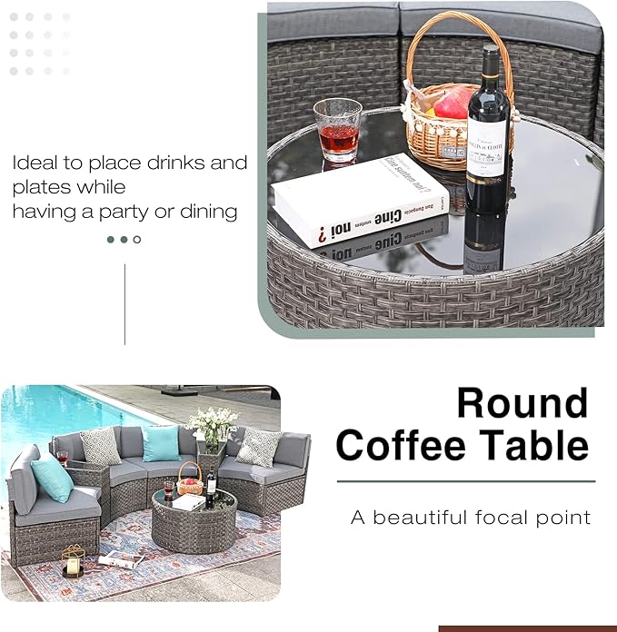 SUNSITT Outdoor 7-Piece Half-Moon Sectional Furniture Set with Round Coffee Table, Patio Curved Sofa Set, Grey Cushion and Grey Wicker, Incl. Waterproof Cover