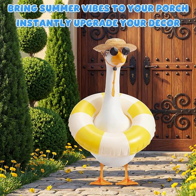 Porch Goose Summer Outfit 3PCS Set, Straw Hat, Swim Ring, Sunglasses | 17/23 Inch Plastic Concrete Cement Lawn Goose Statue, Hawaiian Geese Costume for Garden Outdoor Yard Patio Decor