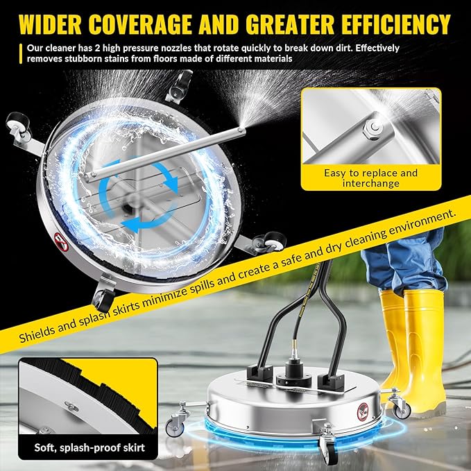VELPAX 22 Inch Pressure Washer Surface Cleaner with 4 Wheels,Dual Handle,Stainless Steel Housing,4500 PSI Power Washer Accessory for Concrete, Patio, Sidewalk, Deck, Driveways and Daily Washing