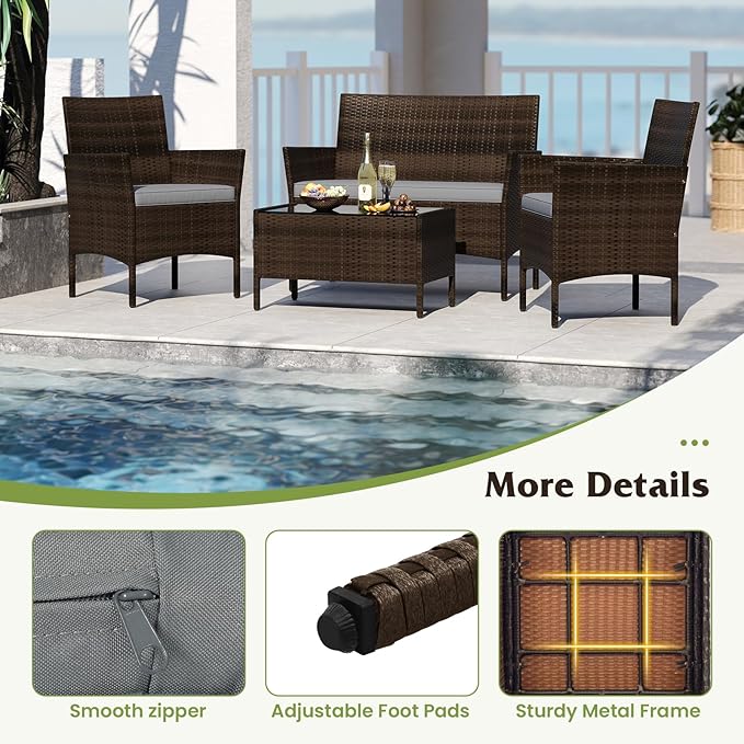 S AFSTAR 4 Pieces Patio Rattan Conversation Set, Patio PE Outdoor Set w/Tempered Glass Coffee Table, Loveseat & Chairs, Zippered Gray Cushions, Wicker Patio Sofa Set for Backyard, Garden & Poolside