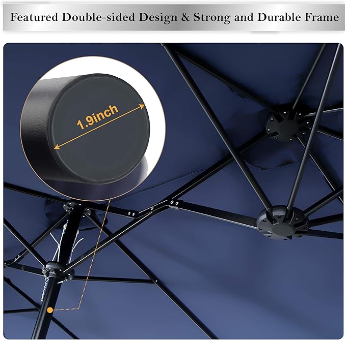 PHI VILLA 15FT Patio Umbrella with Base, Large Double-Sided Outdoor Market Umbrella with Crank Lift, UV-Resistant Canopy for Poolside, Garden, Deck, Backyard, Navy