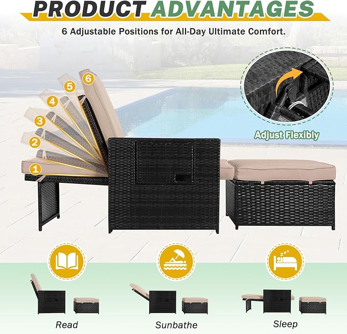 LVUYOYO 5 Piece Patio Furniture Set, Patio Wicker Conversation Set with Ottoman, Outdoor Chaise Lounge Chair with Side Table & Adjustable Backrest for Pool Backyard Garden (Black Wicker Khaki Cushion)