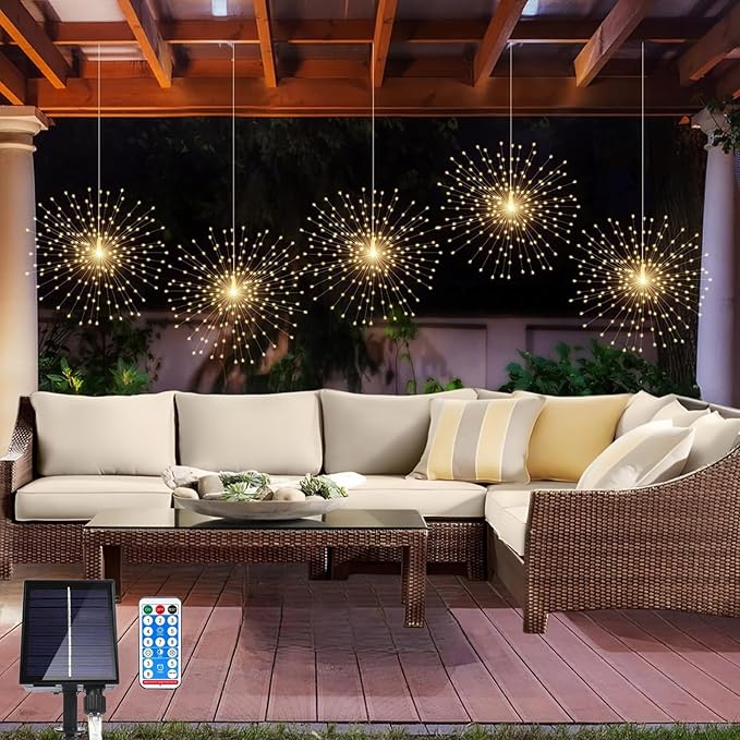 5 Pack Solar Firework Lights, 450 LED 8 Modes Dimmable Waterproof Hanging DIY Starburst Fairy Lights with Timer for Party Garden Indoor Outdoor Decoration (Warm White, 450)