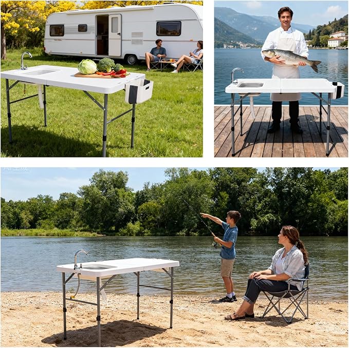 Vasitelan Folding Fish Cleaning Table,Folding Camping Kitchen Table with Sink & Sprayer,Collapsible wash Basin,Outdoor Sink Station with Hose, Camping Sink