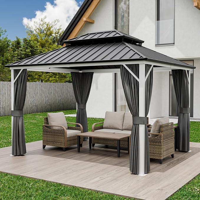 EAGLE PEAK 12x10 Hardtop Gazebo, Galvanized Steel Double Roof with Aluminum Frame, Outdoor Pavilion with Netting and Curtains for Patio, Deck, Lawn and Garden, White/Gray