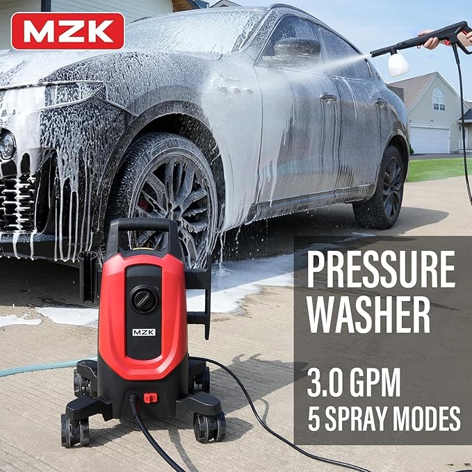 MZK Pressure Washer, 3.0GPM Power Washer with 360° Lockable Wheels and 4 Quick-Connect Nozzles, Foam Cannon for Easy Replacement, High-Pressure Cleaning of Cars, Fences, Driveways
